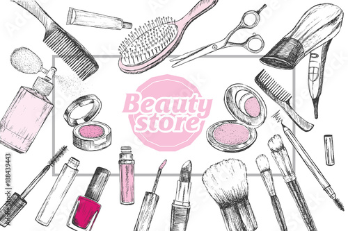 Beauty store with make up artist and hairdressing objects