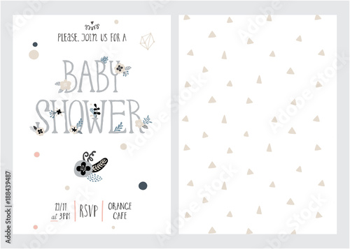Baby shower girl and boy posters, vector templates. Vintage style with leaves, flowers, lettering. Cards with hand drawn text and elements on white background