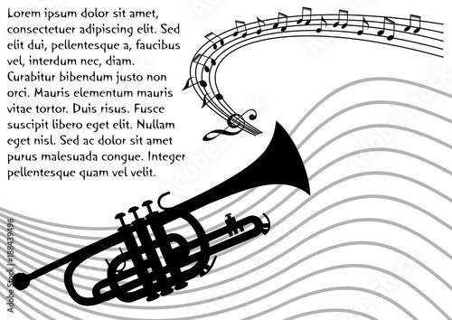Trumpet silhouette with wavy stave and musical notes. Black drawing on white background. Flyer, poster, leaflet concept with place for own message