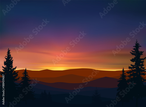 Nature background of mountains panorama. Colorful sunset. Northern lights.