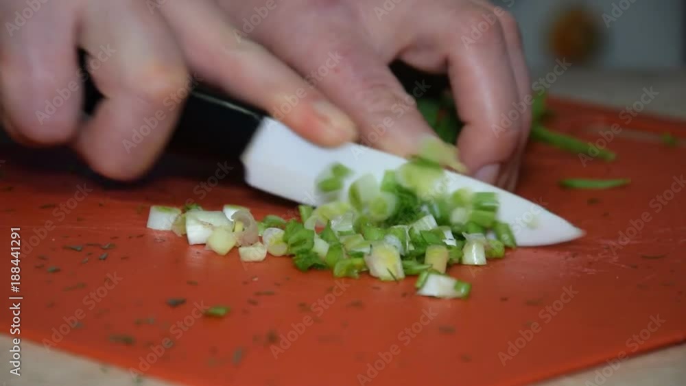Woman cuts green onions for salad Woman cuts green onions for salad