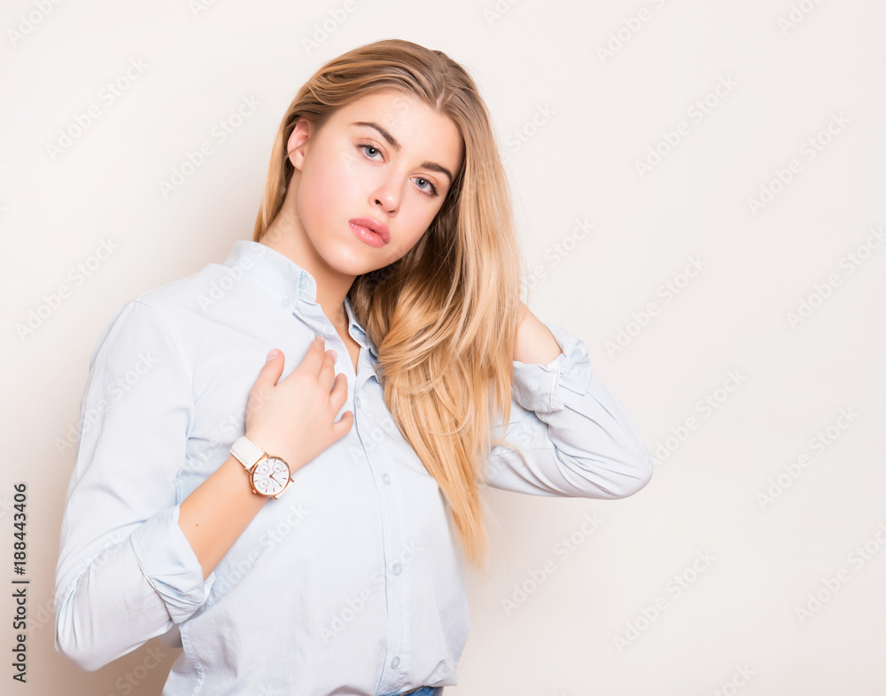 beautiful young woman with long hair wearing wrist watch beautiful young woman with long hair wearing wrist watch