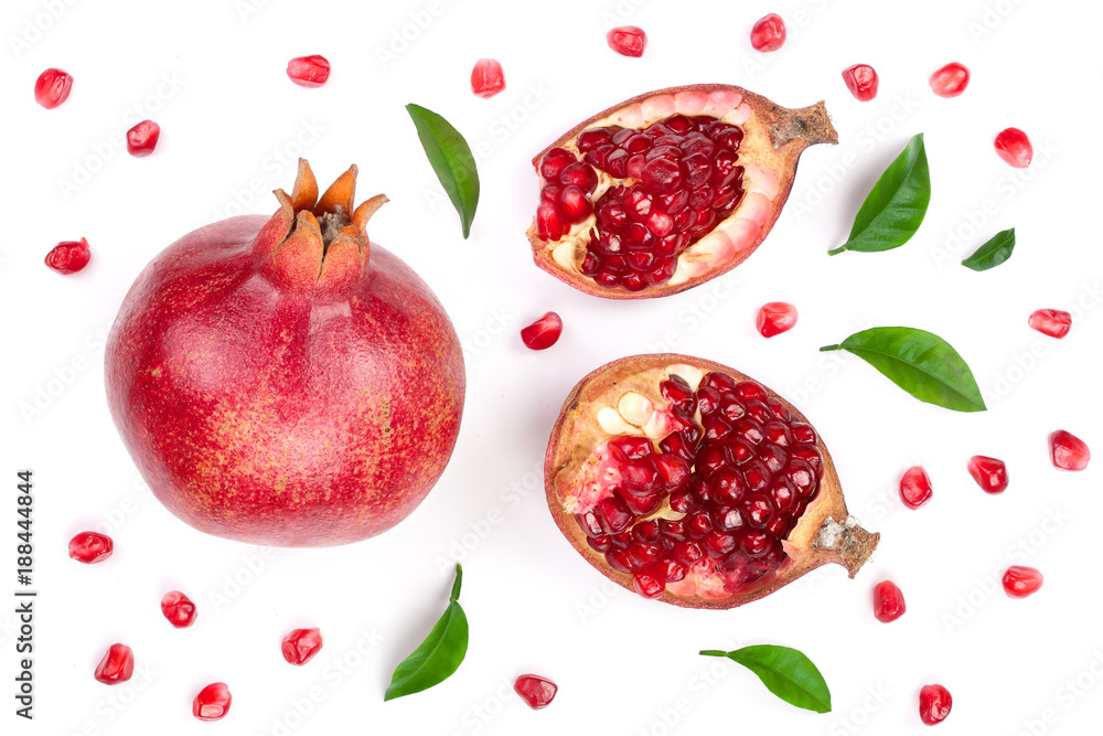 pomegranate with leaves isolated on white background. Top view. Flat lay pattern pomegranate with leaves isolated on white background. Top view. Flat lay pattern