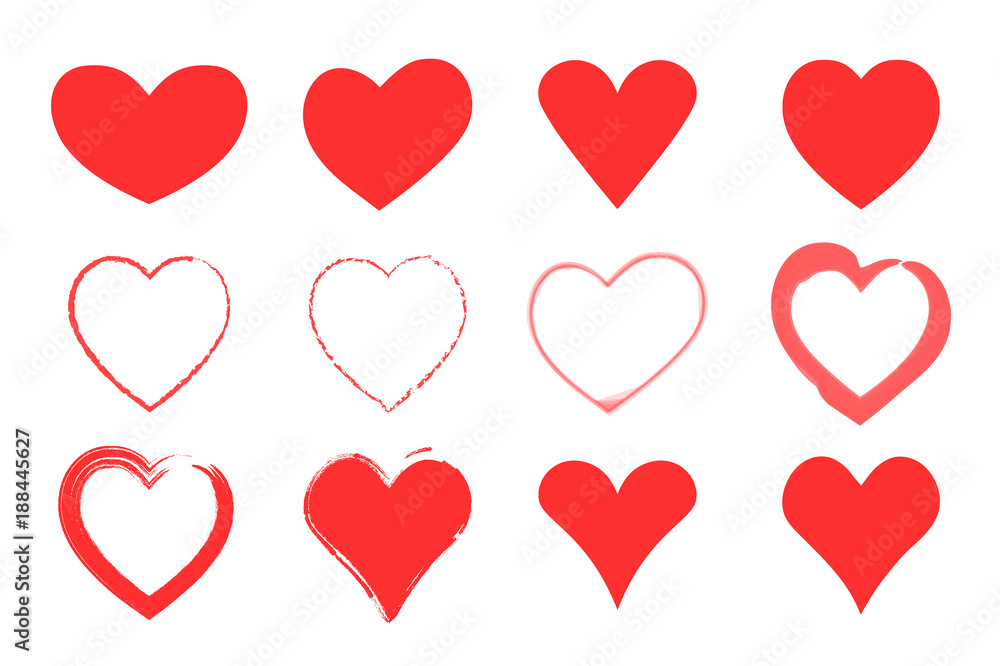 Red hearts set. Valentines day icons. Isolated on white signs. Vector illustration