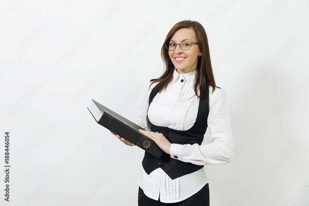 Beautiful happy caucasian young smiling brown-hair business woman in black suit, white shirt and glasses with folder with working documents isolated on white background. Copy space for advertisement. Beautiful happy caucasian young smiling brown-hair business woman in black suit, white shirt and glasses with folder with working documents isolated on white background. Copy space for advertisement.