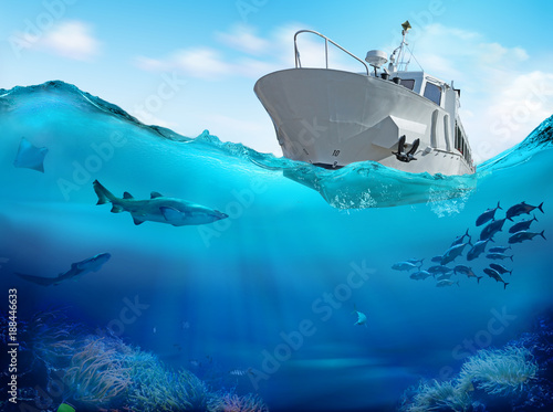 Fishing boat in the sea. 3D illustration Fototapeta