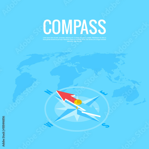 compass on the background of the world map, isometric image