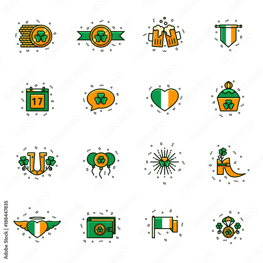 Fototapeta premium Collection of Irish symbols and Saint Patrick's Day flat color line icons. Set of St Patrick holiday signs, pictograms, elements, emblems in thin linear design for cards, invitations, banners.