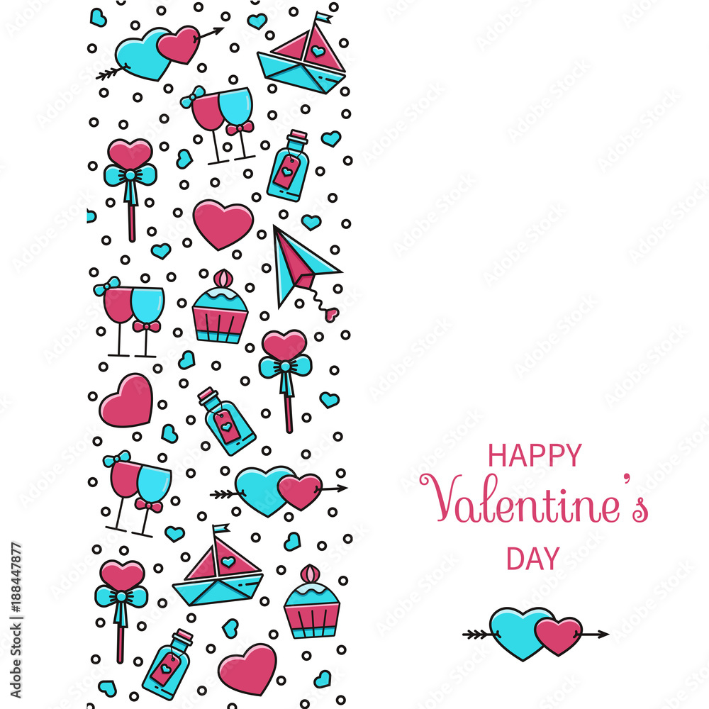Valentine's Day greting card, invitation, flyer, background, banner concept with flat color line icons and symbols. Love, romantic, weding, marriage, anniversary template in trendy linear design.
