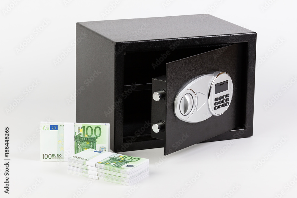 Obraz premium Safe Deposit Box, Pile of Cash Money, Euros.