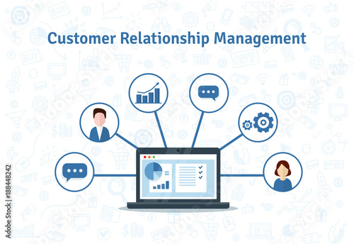 Organization of data on work with clients, CRM concept. Customer Relationship Management vector illustration.