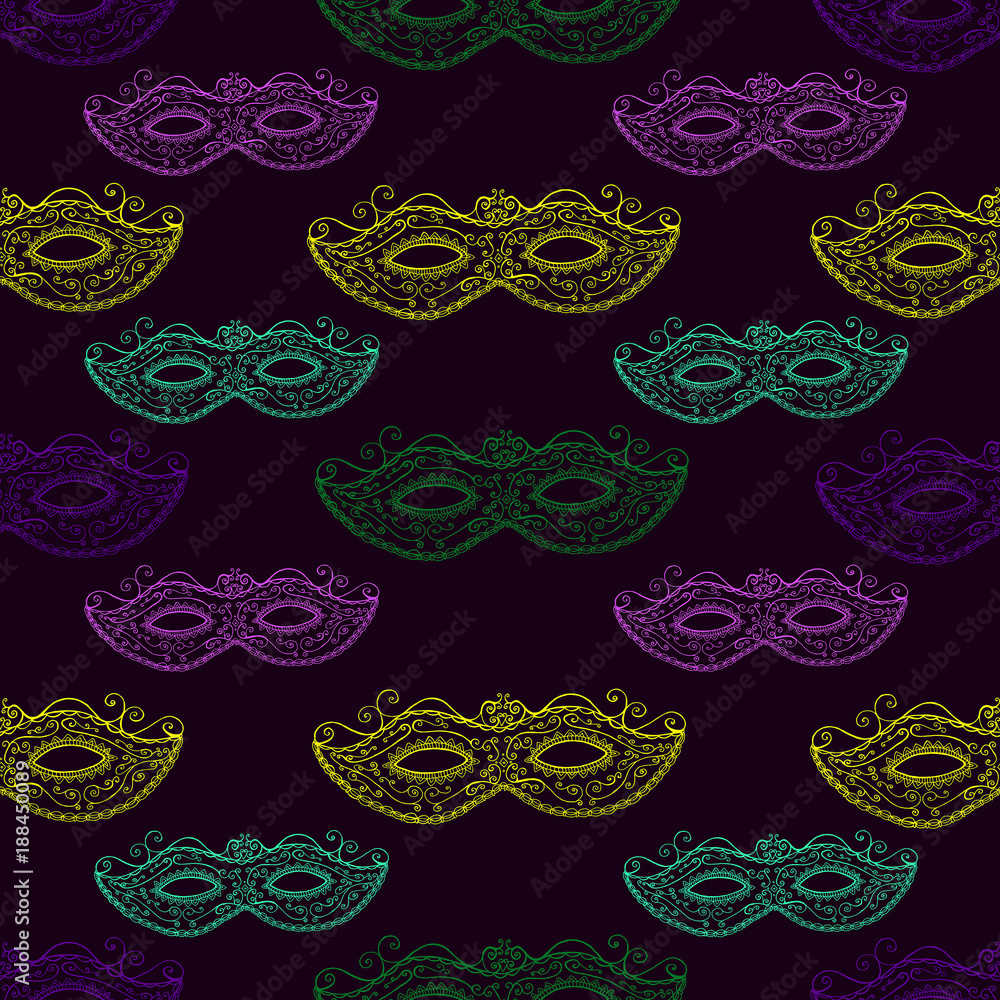 Seamless festive pattern with masks, doodle style. Seamless festive pattern with masks, doodle style.
