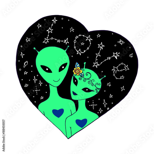 A loving couple aliens in starry sky.