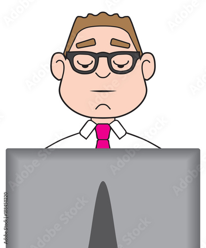 A cartoon businessman is diligently working on his computer