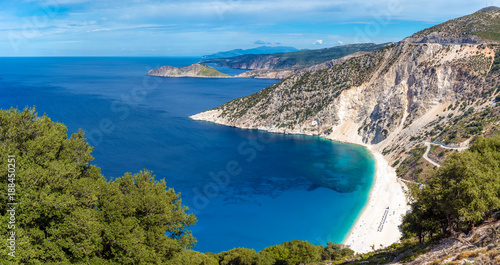 Panoramic view of beautiful Myrtos beach on Kefalonia island. One of the best beaches in Greece. © vivoo