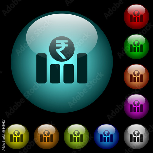 Indian Rupee financial graph icons in color illuminated glass buttons