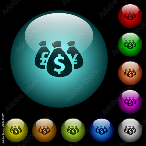 Money bags icons in color illuminated glass buttons