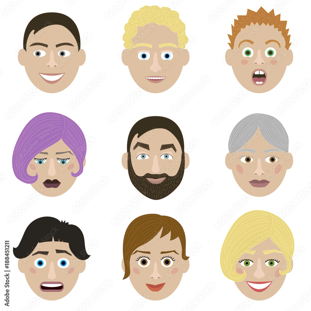 Emotions faces characters. Vector Illustration trendy flat design for web and printed materials. Emotions faces characters. Vector Illustration trendy flat design for web and printed materials.