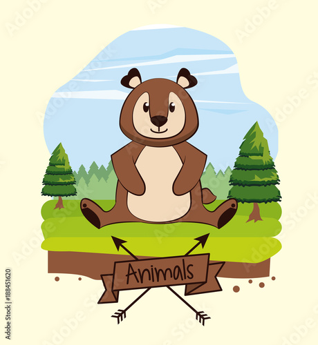 Cute bear in forest cartoob icon vector illustration graphic design photo