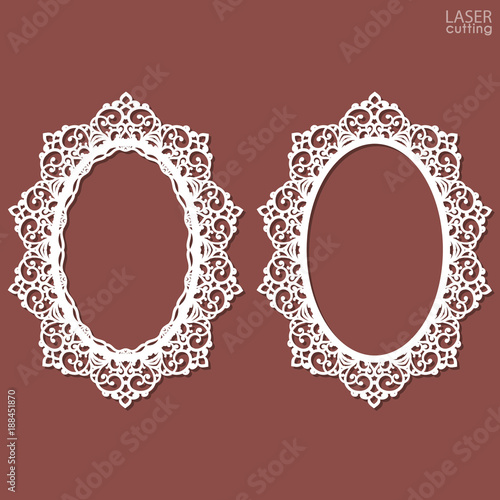 Laser cut vector oval frames with swirls lace border, vector ornament, vintage frame. May be used for laser cutting. Openwork photo frames with lace for paper cutting. Scrapbooking chipboard.