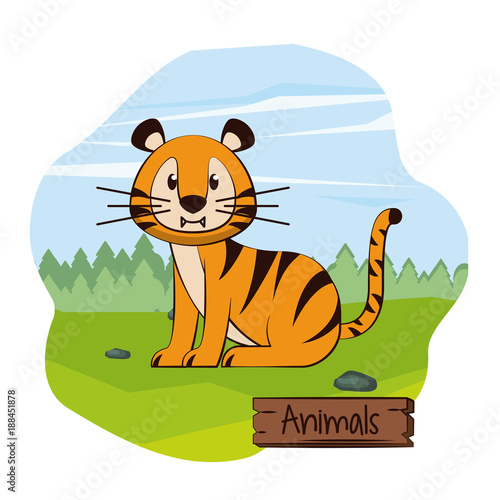 Cute tiger in forest cartoon icon vector illustration graphic design