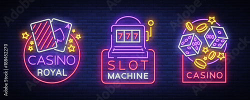 Casino is a set of neon signs. Collection of neon logos slot machine gambling emblem, the bright banner neon casino for your projects. Night light billboard, design element. Vector illustration