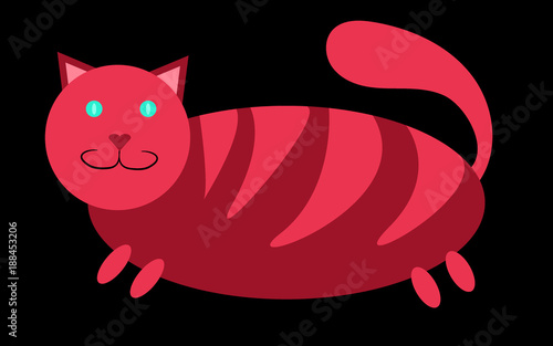 Pink thick, tabby cat with short paws and a large snout with ears sticking up on a black background. Vector illustration.