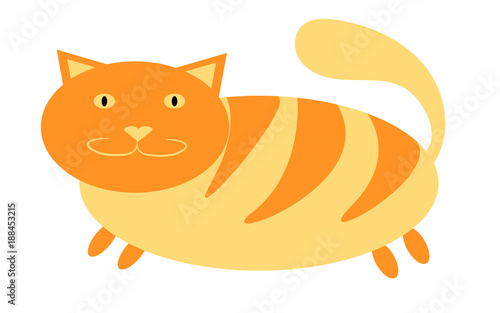 Red-haired, striped cat with short paws and a large head with ears sticking up on a white background. Vector illustration.