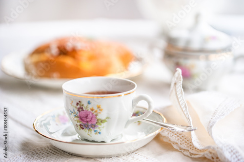 Luxury porcelain tea set with a cup, teapot, sugar bowl