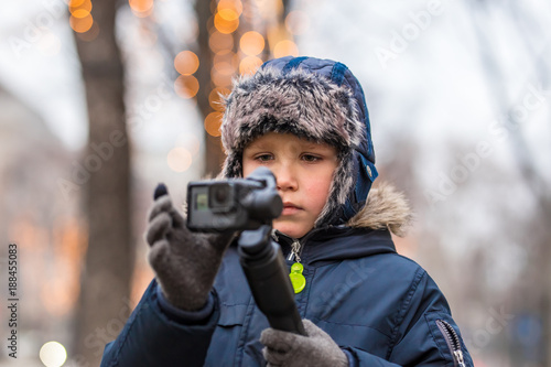 Boy with action camera in winter Vienna, Austria
 photo