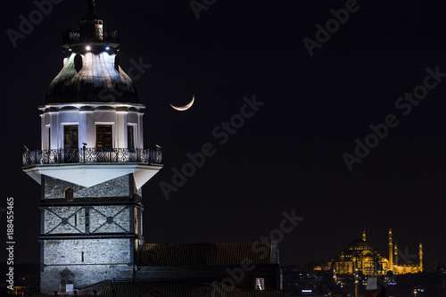 Maiden Tower (Tower of Leandros, Turkish: Kiz Kulesi) tranquil scenery at the entrance to Bosporus Strait in Istanbul, Turkey (KIZ KULESI – SALACAK-USKUDAR)