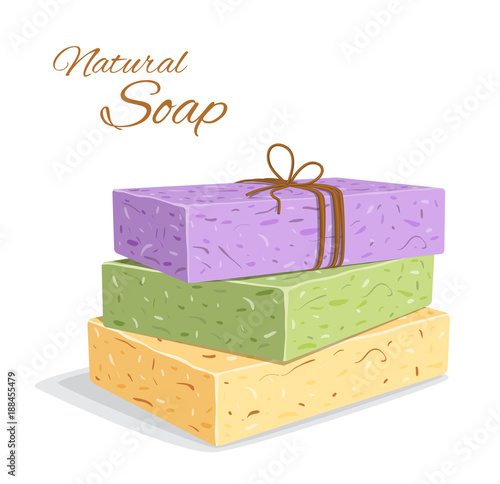 Handmade Organic Soap bar closeup. Natural soap making. Spa treatments. Vector illustration