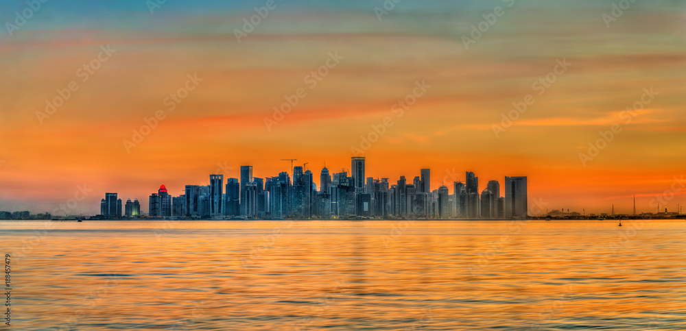 Skyline of Doha at sunset. The capital of Qatar
