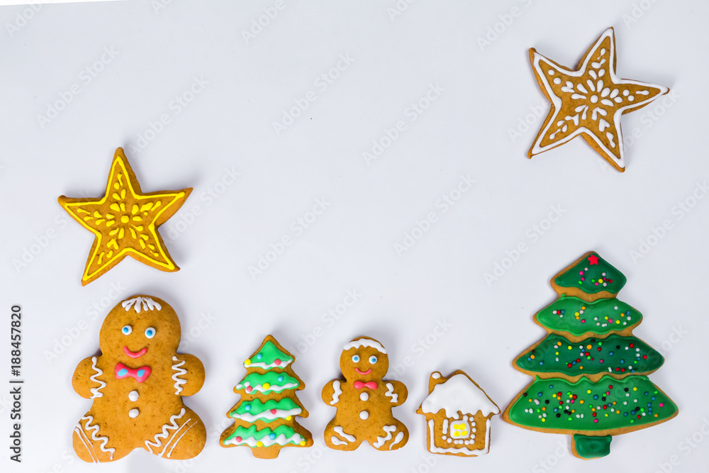 Christmas homemade gingerbread cookies on a white background.