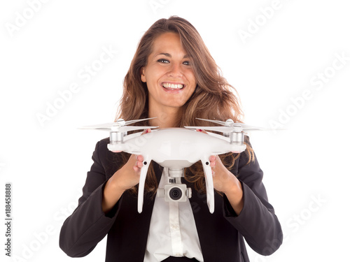 Beautiful business woman holding a drone; technology concepts, copy space photo