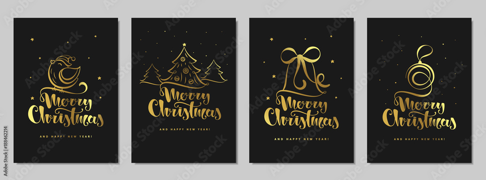 Merry Christmas and happy New year set greeting card. Handwritten lettering with a stylized Christmas tree, bell, bird and ball. Black gold design