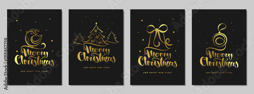 Merry Christmas and happy New year set greeting card. Handwritten lettering with a stylized Christmas tree, bell, bird and ball. Black gold design