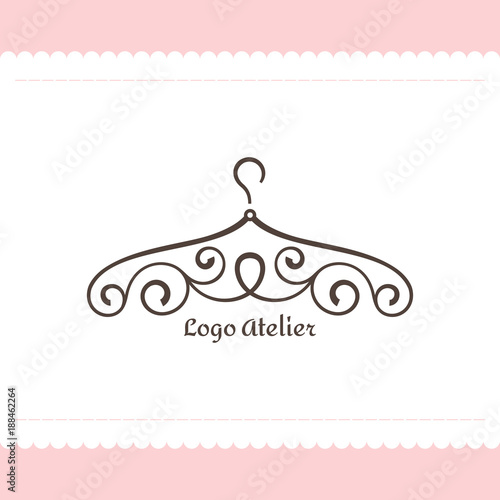 Logo for Atelier, wedding boutique, women's clothing store. Vector template of the brand for the fashion designer. Element for Studio sewing and tailoring. Hanger with graceful lines