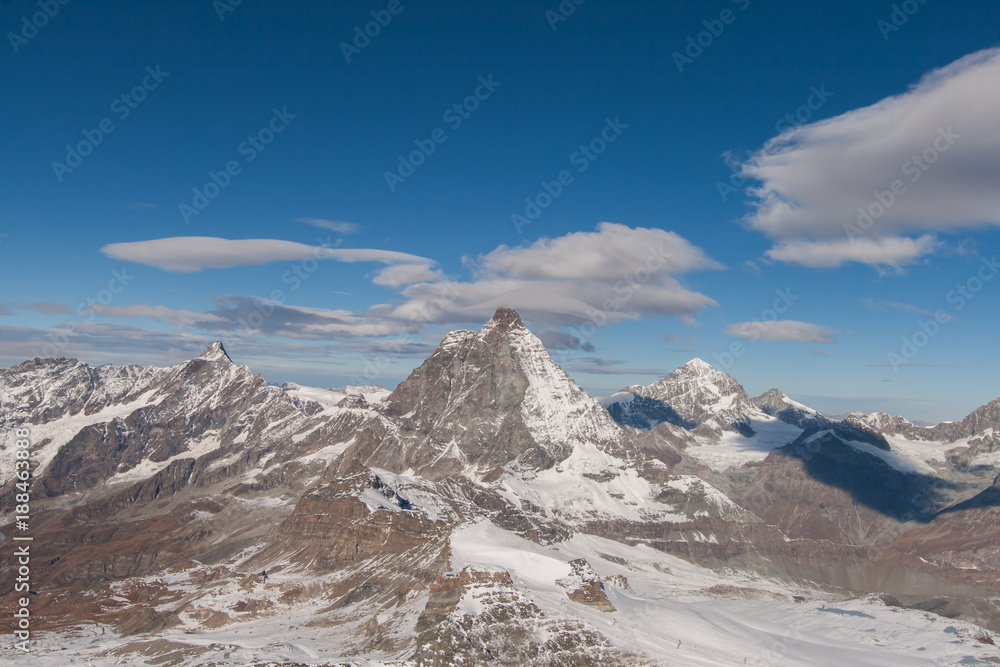 Obraz premium Winter panorama of mount Matterhorn covered with clouds, Canton of Valais, Alps, Switzerland 