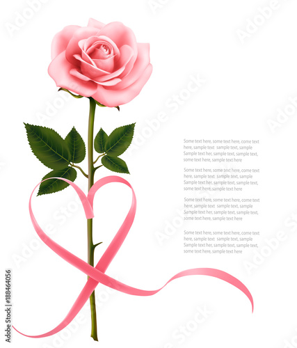 Valentine's day background with pink heart shaped ribbon and a rose. Vector.