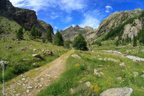 Hiking trail in the Vallee des Merveilles in the south of France on a sunny summer day