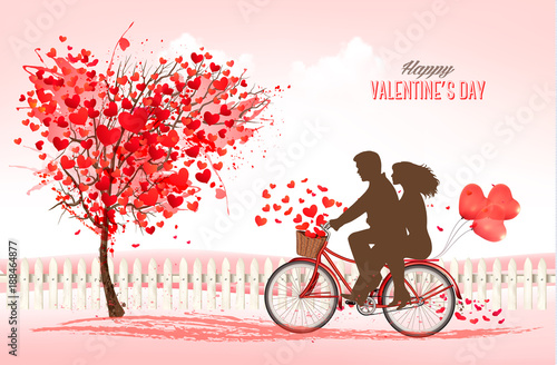 Valentine's Day background with a heart shaped trees and a bicycle. Vector.
