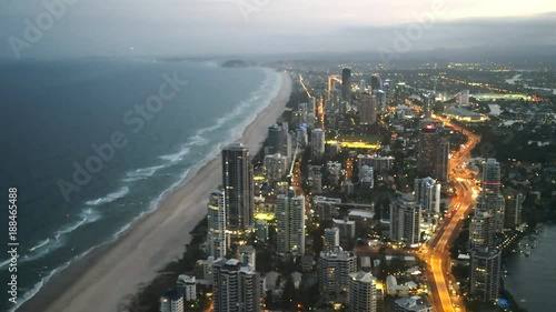 dusk panning shot of surfers paradise from the Q1 building in queensland, australia photo