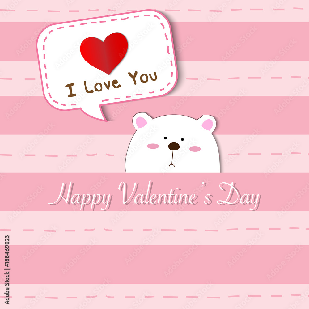 Cute white polar bear peek a boo and saying I Love You on pink pastel color stripes background for invitation card, wedding card, friendship and Valentine's day concept, vector and illustration