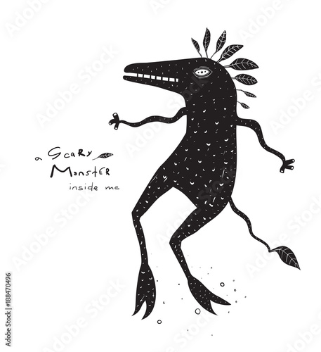 Psychedelic character black and white print. Vector illustration.