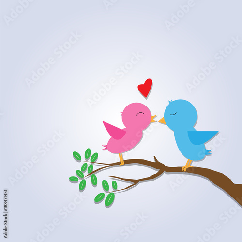 Romantic two birds on tree branch and leafs with hearts. Vector illustration eps10.