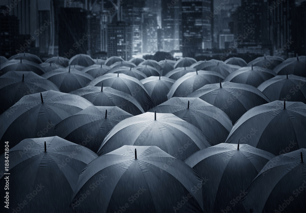 Many of black umbrella in the city. insurance policy Life health protection concept. - obrazy, fototapety, plakaty 