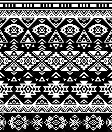 Ethnic pattern design. Seamless pattern. Navajo geometric print. Rustic decorative ornament. Abstract geometric pattern. Native American pattern. Black and white colors