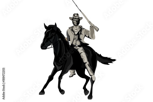 Running on horse cowboy with riffle monochrome vector illustration