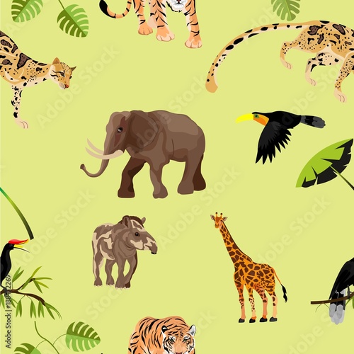 Jungle animals and plants vector seamless pattern